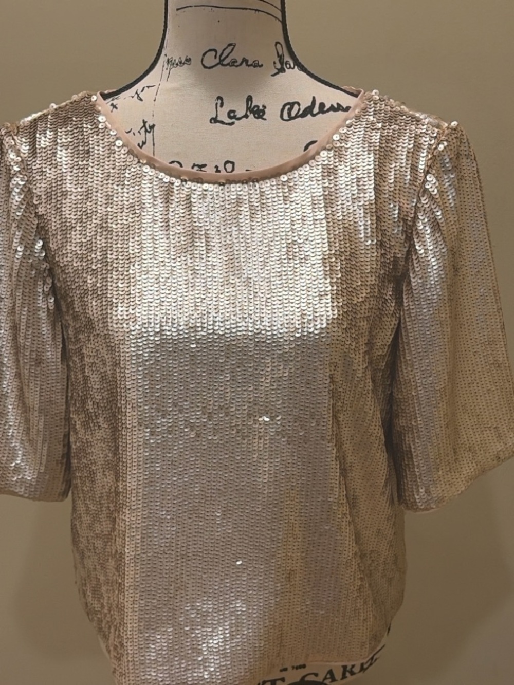 J.Crew Champagne Gold Sequin Top Bow Back Party Blouse Short Sleeve NWT Size 4